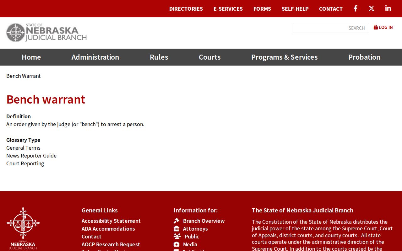 Wheeler County active warrant terms from the Nebraska Judicial Branch glossary